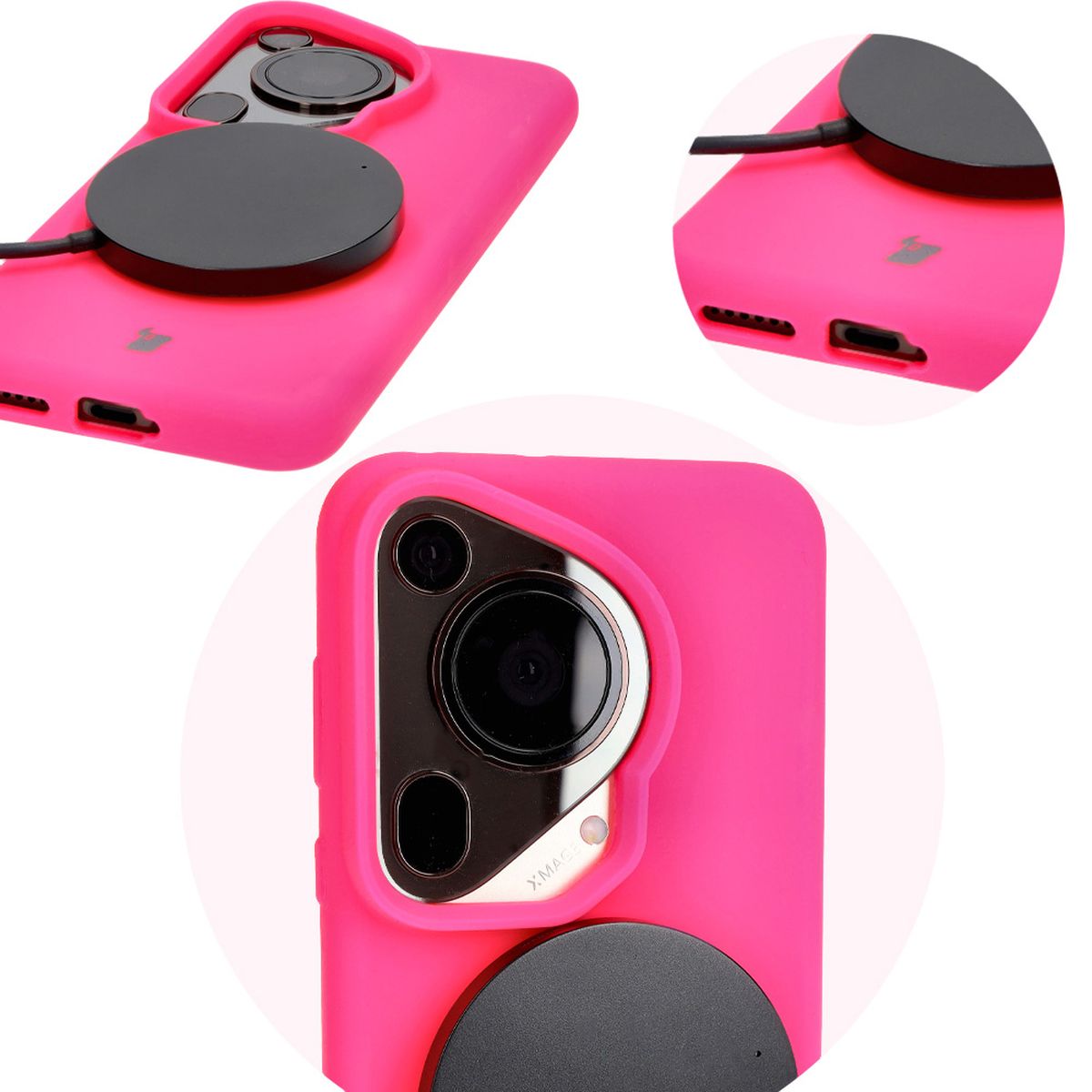 Close-up of precise cutouts and wireless charging capability in Bizon Soft Case