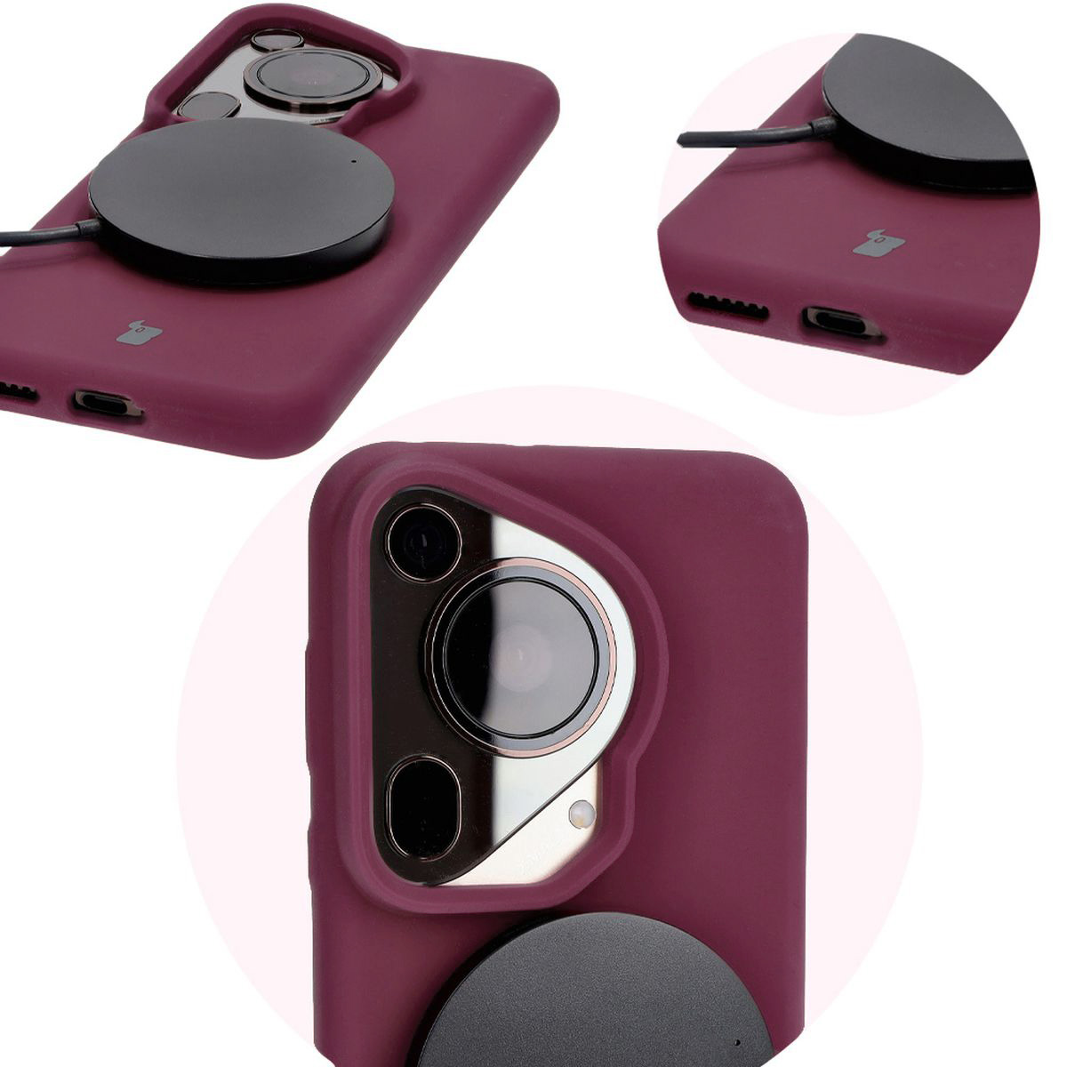 Close-up of precise cutouts and wireless charging capability in the Bizon Soft Case