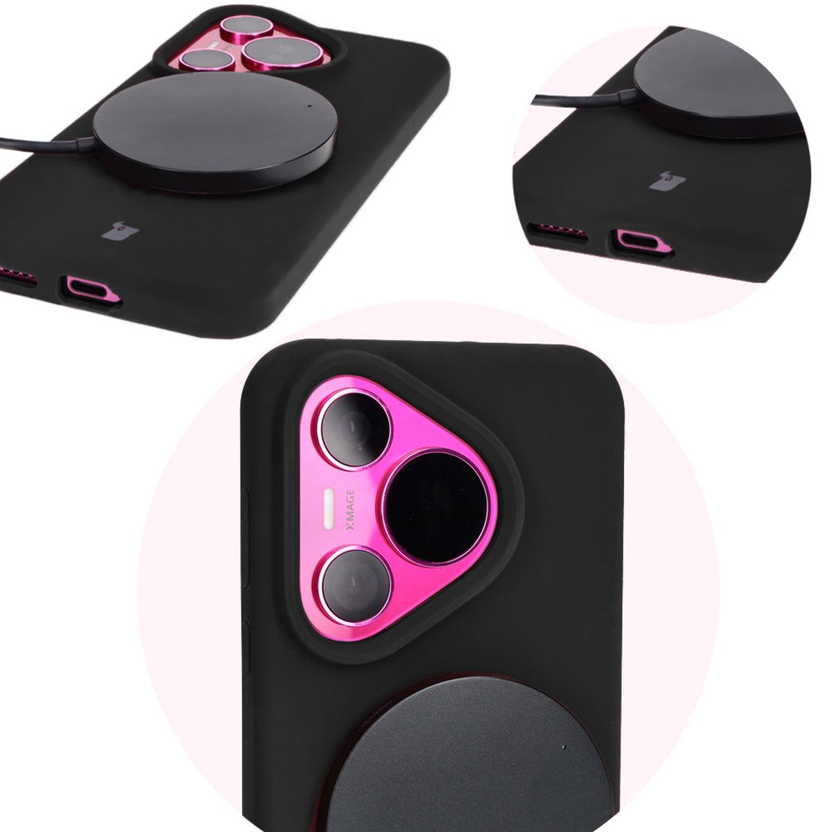 Close-up of precise cutouts and wireless charging capability in the Bizon Soft Case