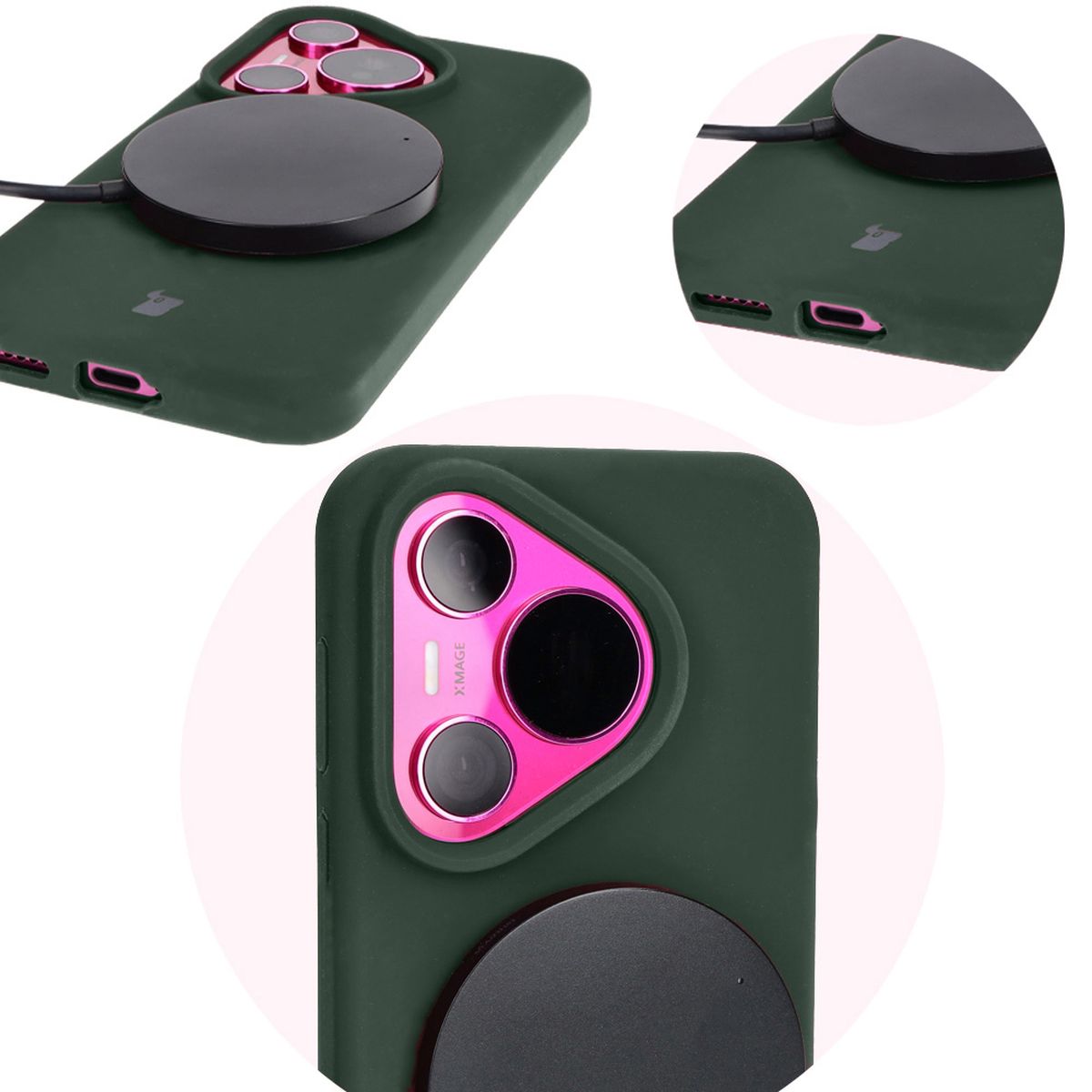 Nahaufnahme der präzisen Ausschnitte und der Möglichkeit des induktiven Ladens in der Bizon Soft Case