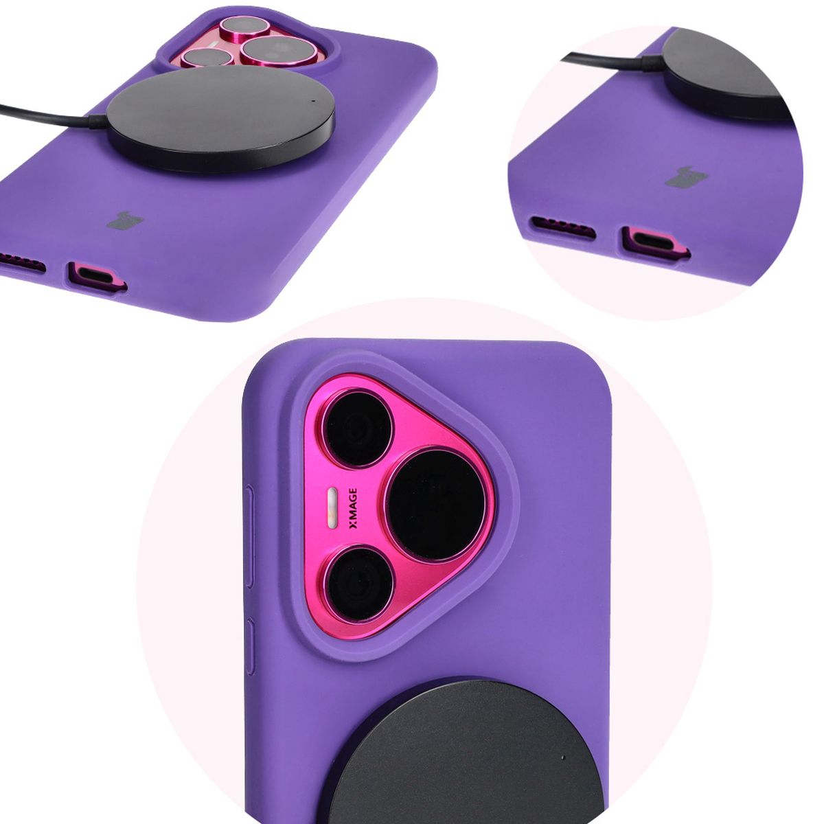 Close-up of precise cutouts and wireless charging capability in Bizon Soft Case