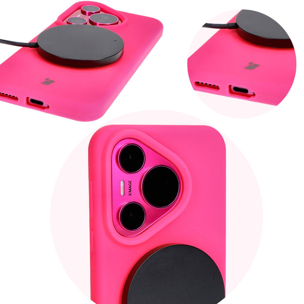 Close-up of precise cutouts and wireless charging capability in the Bizon Soft Case