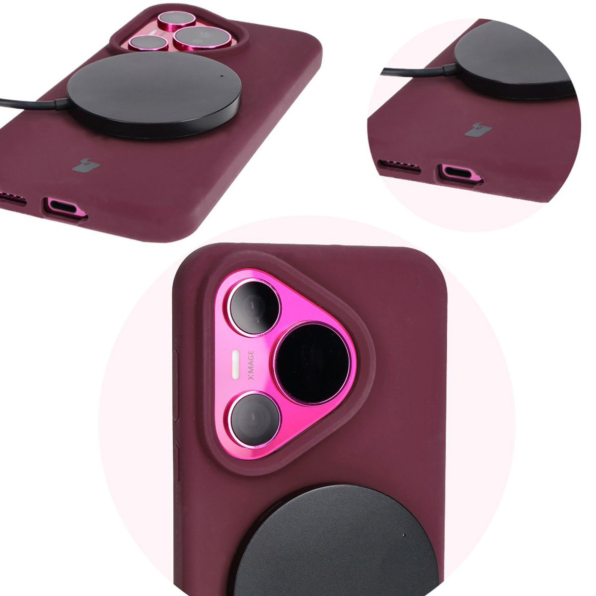 Close-up of precise cutouts and wireless charging capability in the Bizon Soft Case