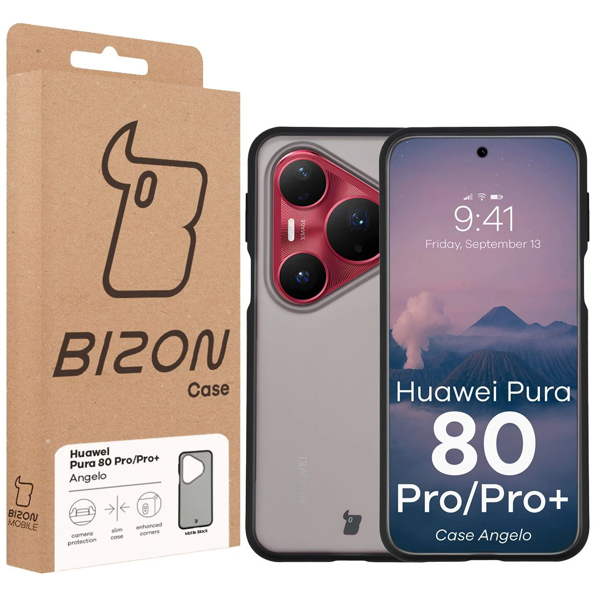 Vorderseite der Bizon Case Verpackung mit dediziertem Etikett für Huawei Pura 80 Pro / Huawei Pura 80 Pro Plus