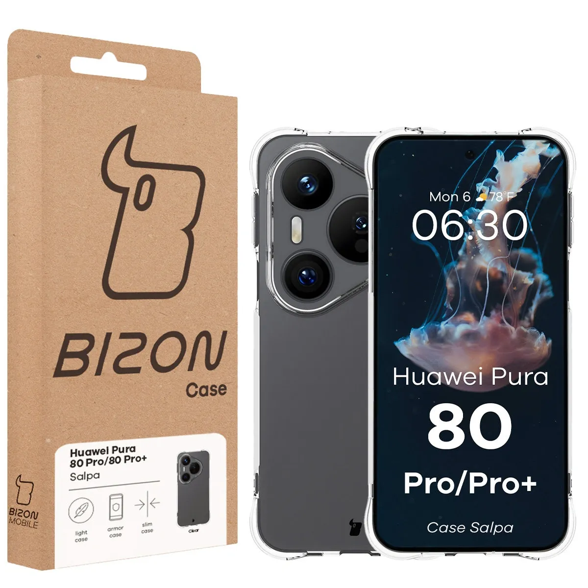 Front of the Bizon Case box with a dedicated label for Huawei Pura 80 Pro / Huawei Pura 80 Pro Plus