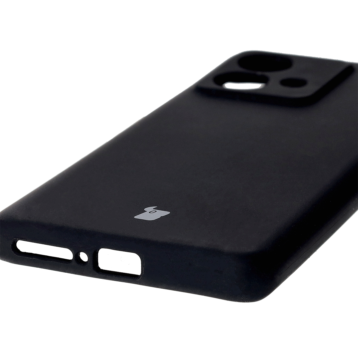 Close-up of precise cutouts and wireless charging capability in Bizon Soft Case