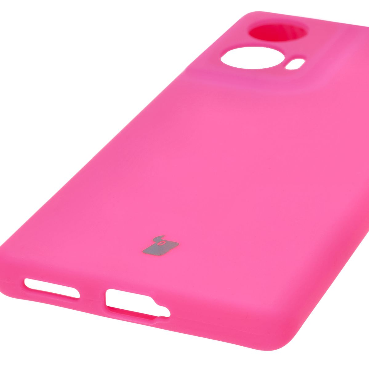 Close-up of precise cutouts and wireless charging capability in the Bizon Soft Case