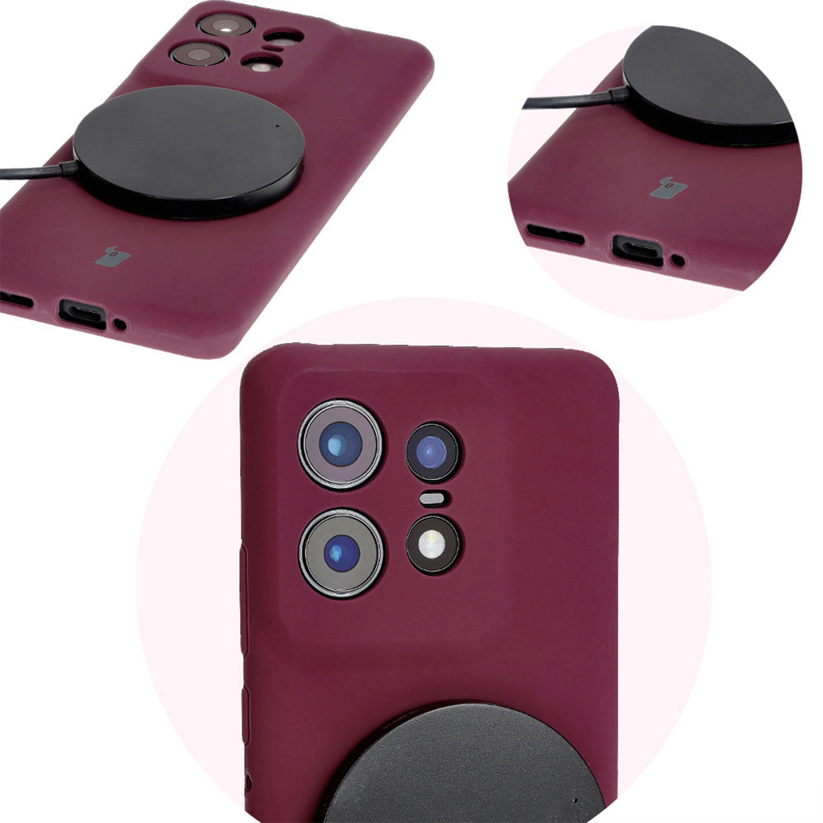 Close-up of precise cutouts and wireless charging capability in Bizon Soft Case