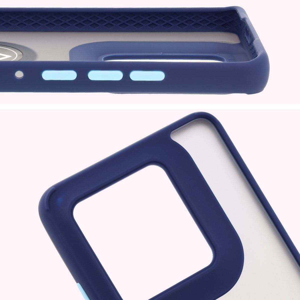 Zbliżenie na podwyższone krawędzie przy wyświetlaczu i wyspie aparatu w etui Bizon Hybrid Ring