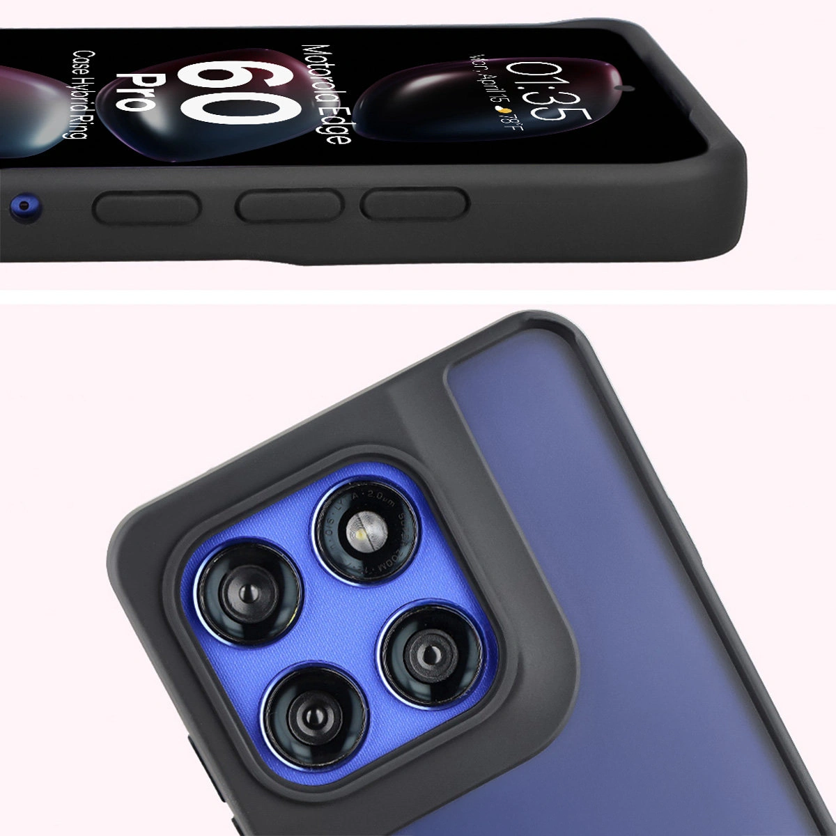 Zbliżenie na podwyższone krawędzie przy wyświetlaczu i wyspie aparatu w etui Bizon Hybrid Ring do Motorola Edge 60 Pro