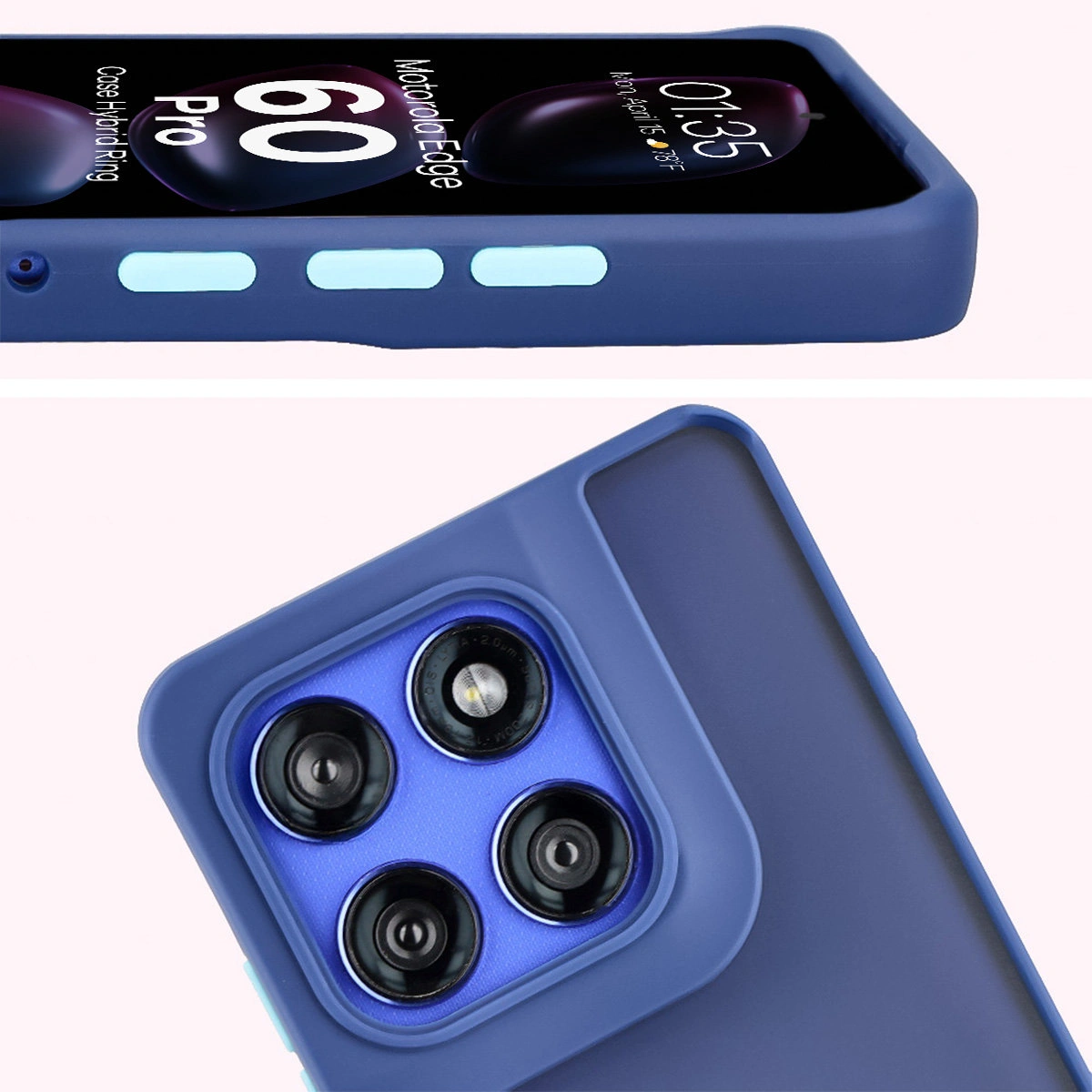 Zbliżenie na podwyższone krawędzie przy wyświetlaczu i wyspie aparatu w etui Bizon Hybrid Ring do Motorola Edge 60 Pro
