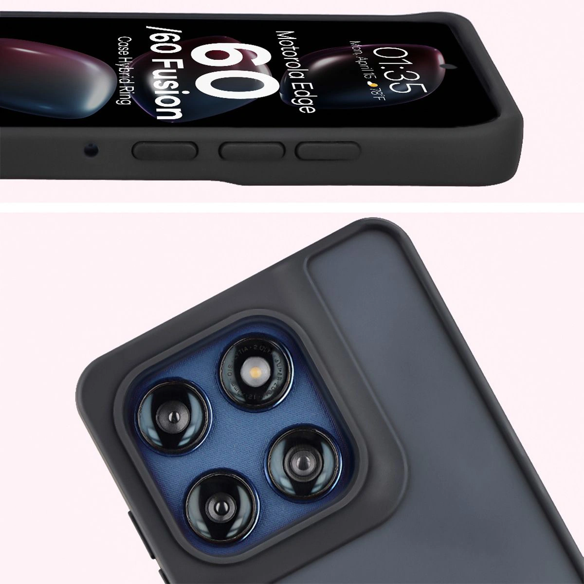 Zbliżenie na podwyższone krawędzie przy wyświetlaczu i wyspie aparatu w etui Bizon Hybrid Ring do Motorola Edge 60 Fusion / Motorola Edge 60