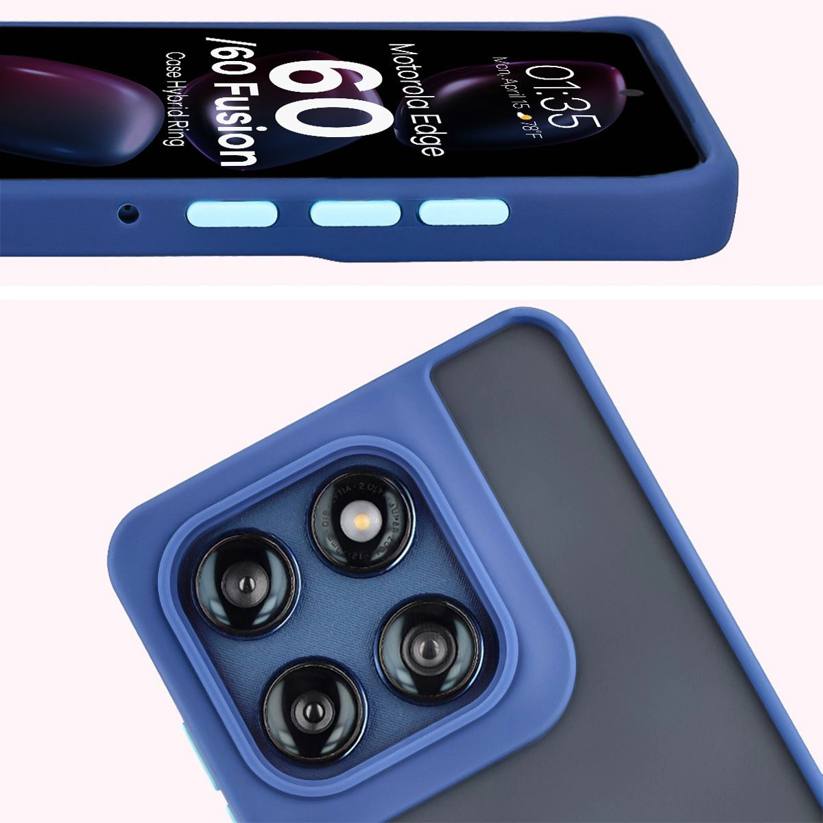 Zbliżenie na podwyższone krawędzie przy wyświetlaczu i wyspie aparatu w etui Bizon Hybrid Ring do Motorola Edge 60 Fusion / Motorola Edge 60