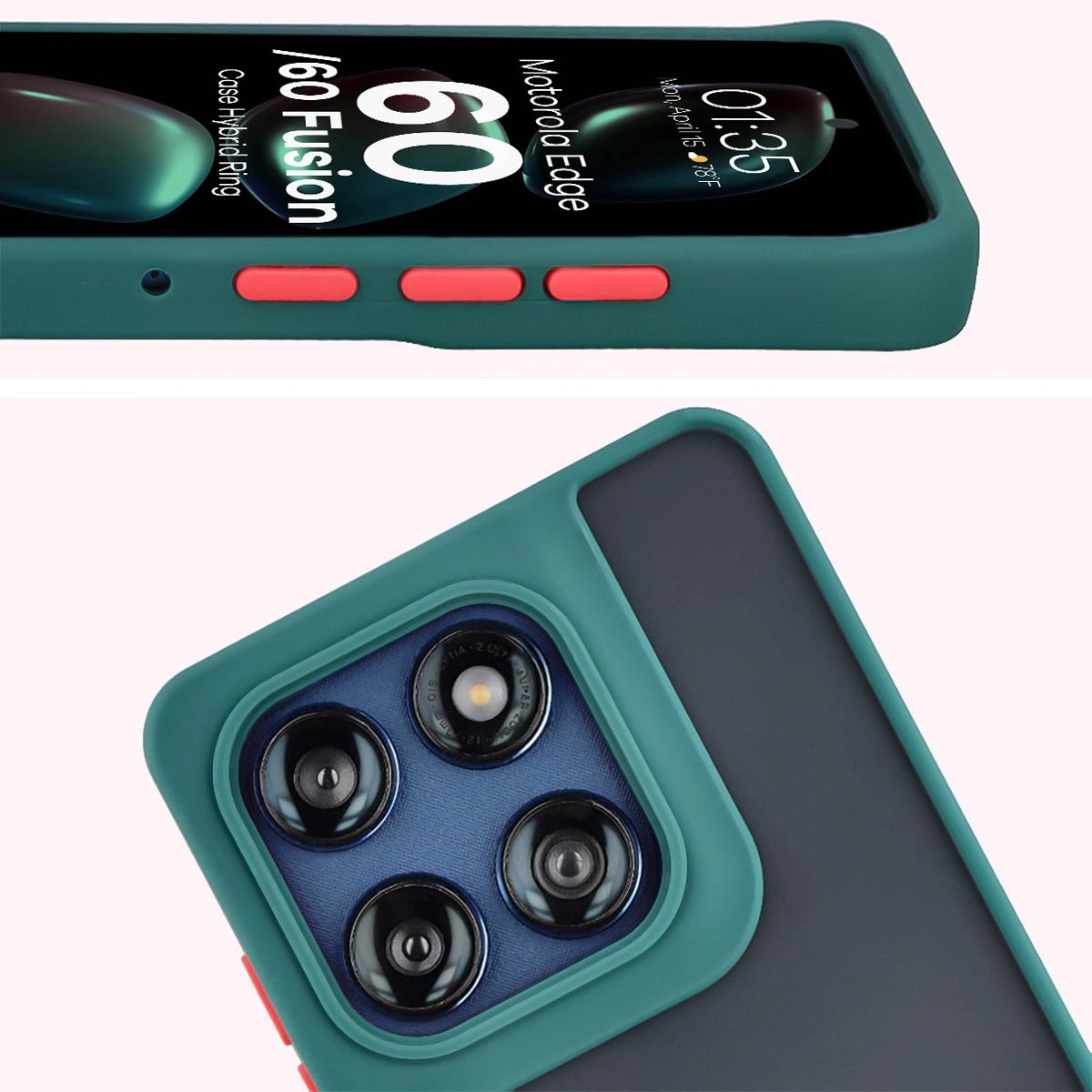 Zbliżenie na podwyższone krawędzie przy wyświetlaczu i wyspie aparatu w etui Bizon Hybrid Ring do Motorola Edge 60 Fusion / Motorola Edge 60