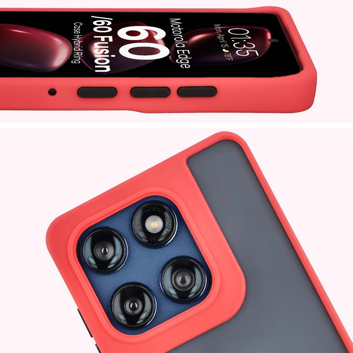 Zbliżenie na podwyższone krawędzie przy wyświetlaczu i wyspie aparatu w etui Bizon Hybrid Ring do Motorola Edge 60 Fusion / Motorola Edge 60