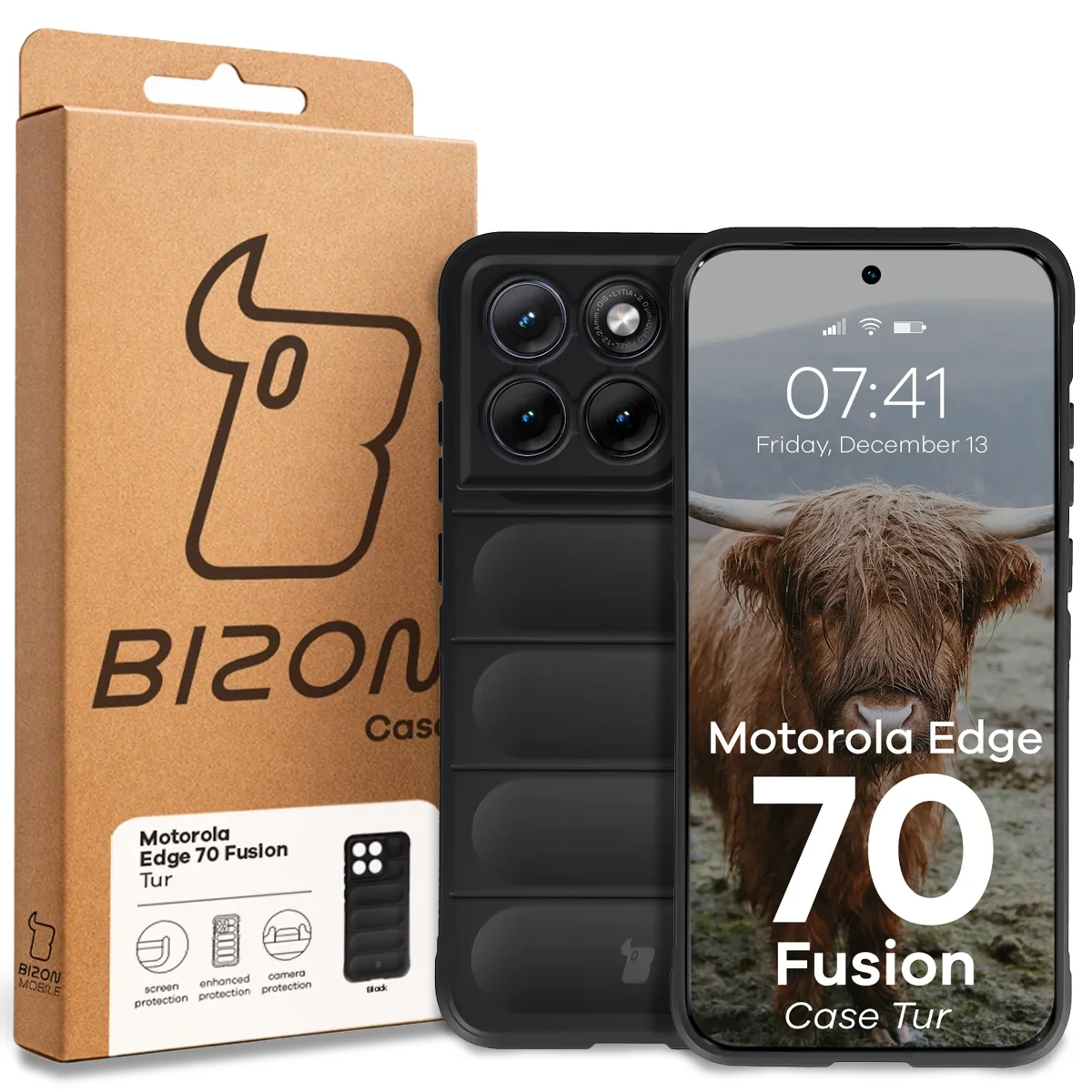 Front of the Bison Case box with a dedicated label for Motorola Edge 70 Fusion