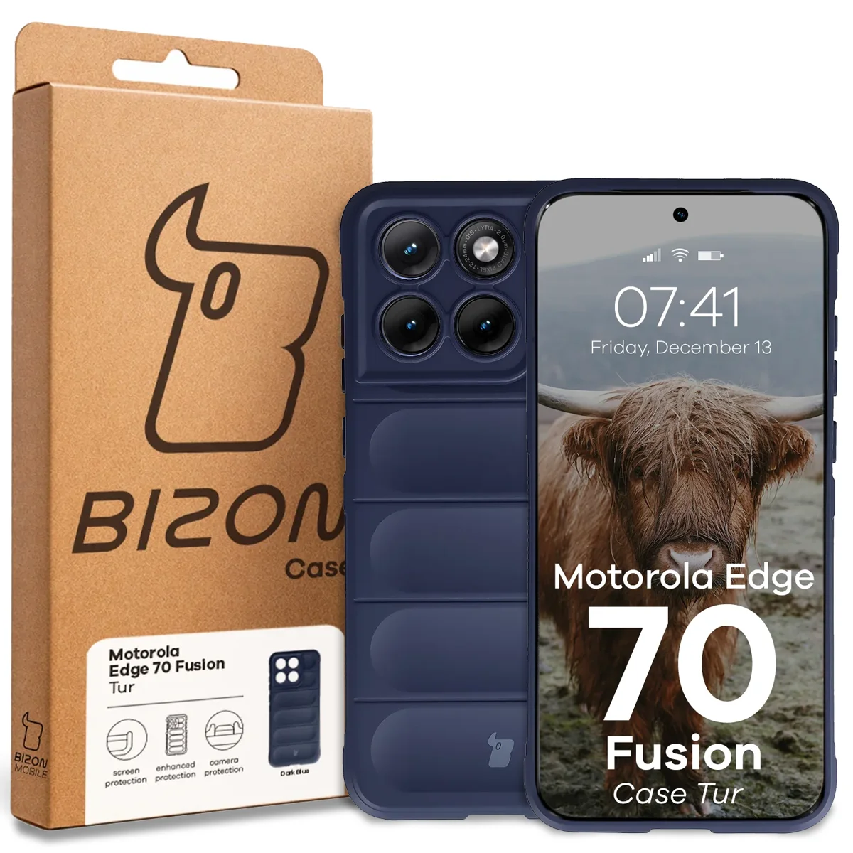 Front of the Bison Case box with a dedicated label for Motorola Edge 70 Fusion