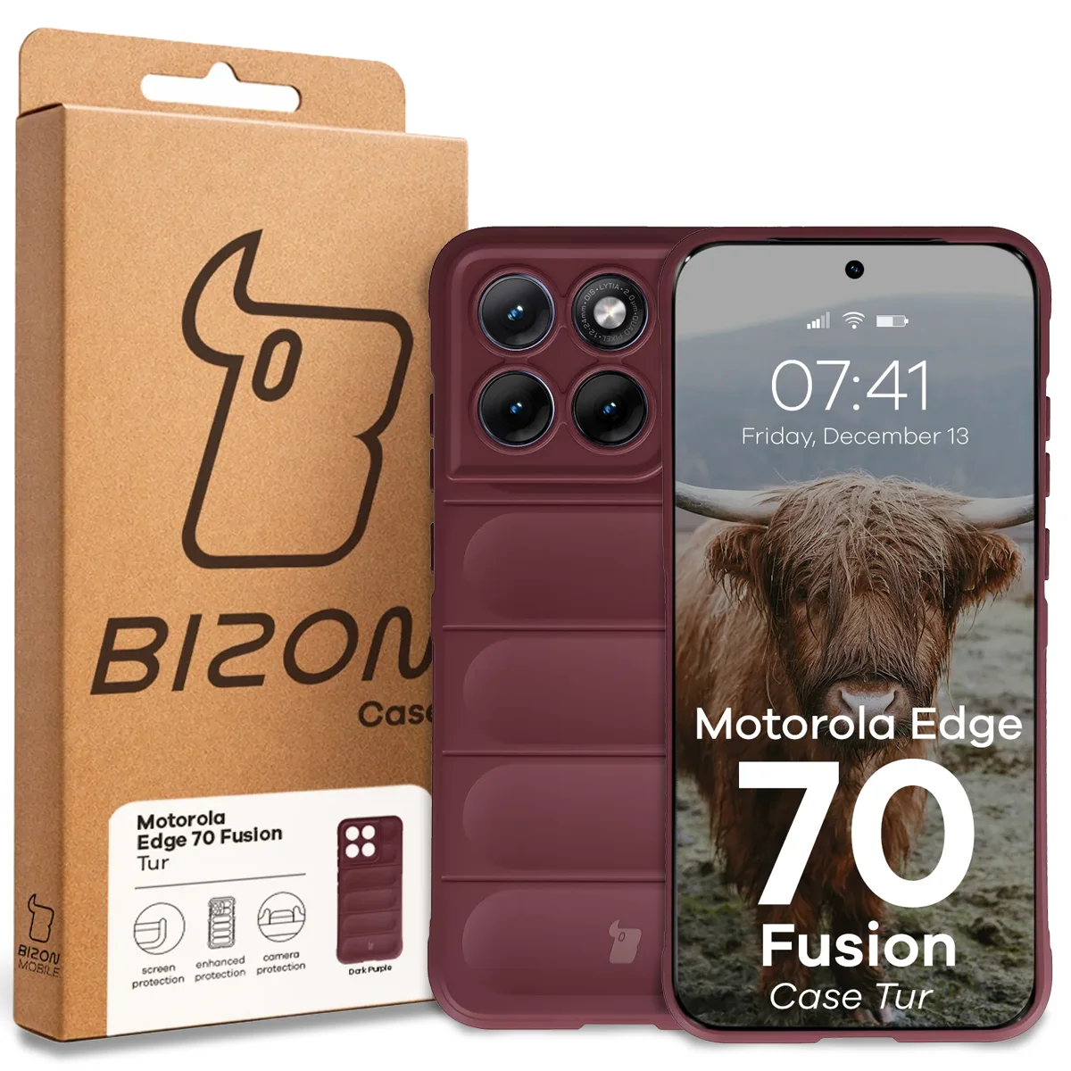 A Bizon Case dobozának elülső oldala a Motorola Edge 70 Fusion dedikált címkéjével