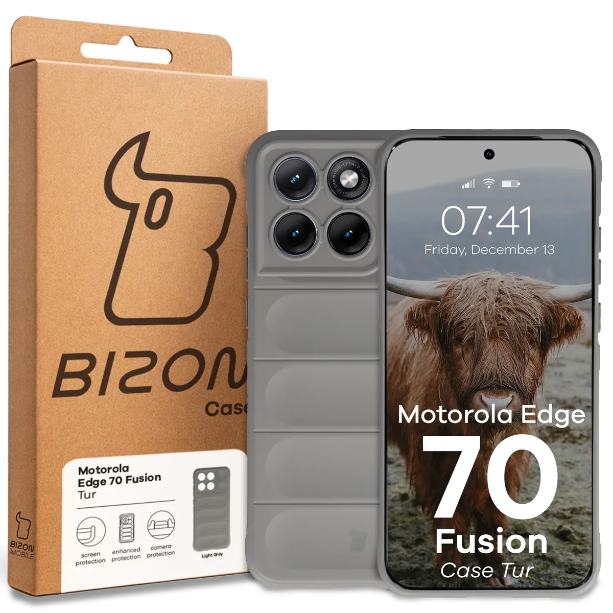 A Bizon Case dobozának eleje a Motorola Edge 70 Fusion dedikált címkéjével