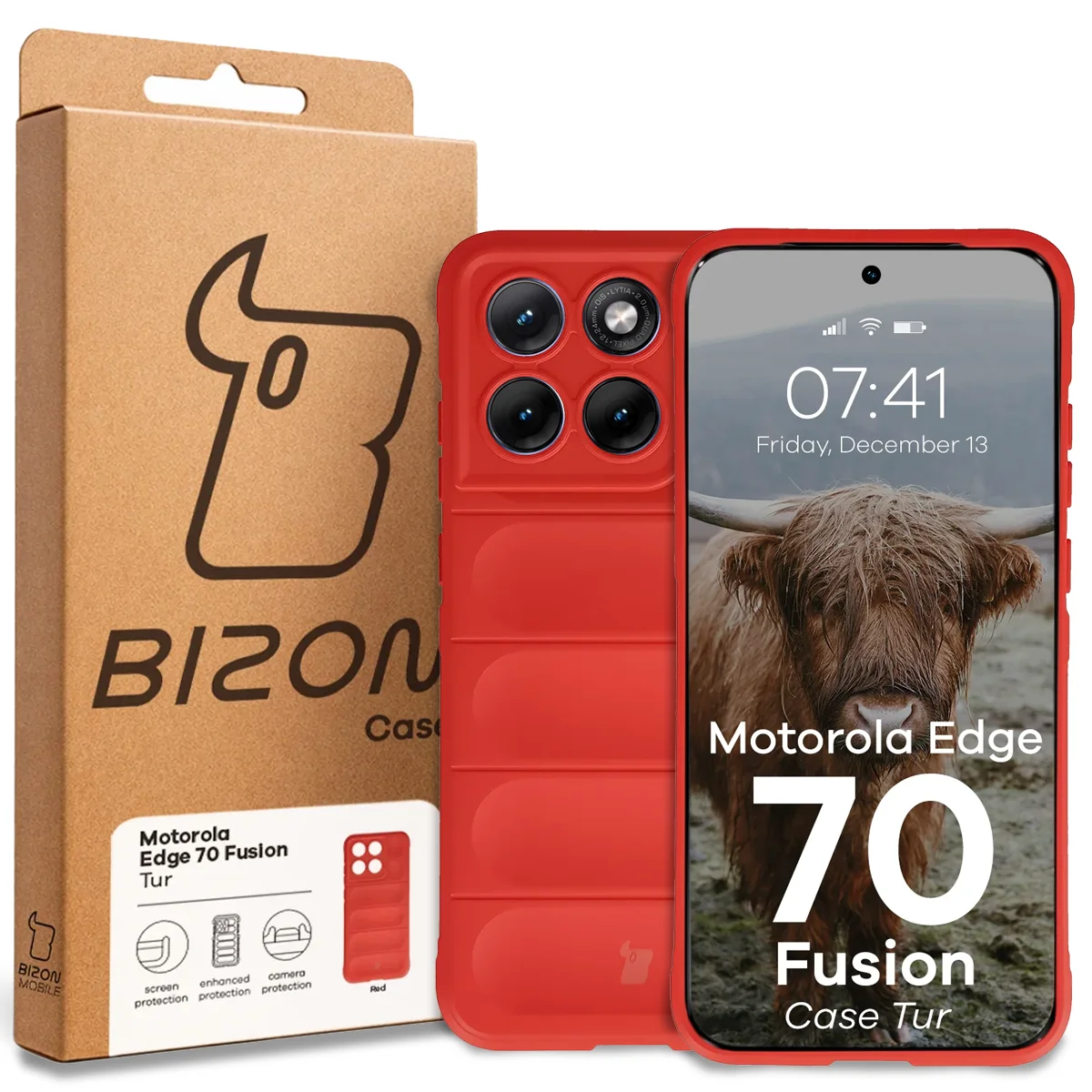 Front of the Bison Case box with a dedicated label for Motorola Edge 70 Fusion