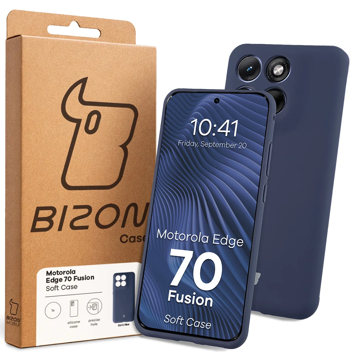 Fața cutiei Bizon Case cu eticheta dedicată pentru Motorola Edge 70 Fusion