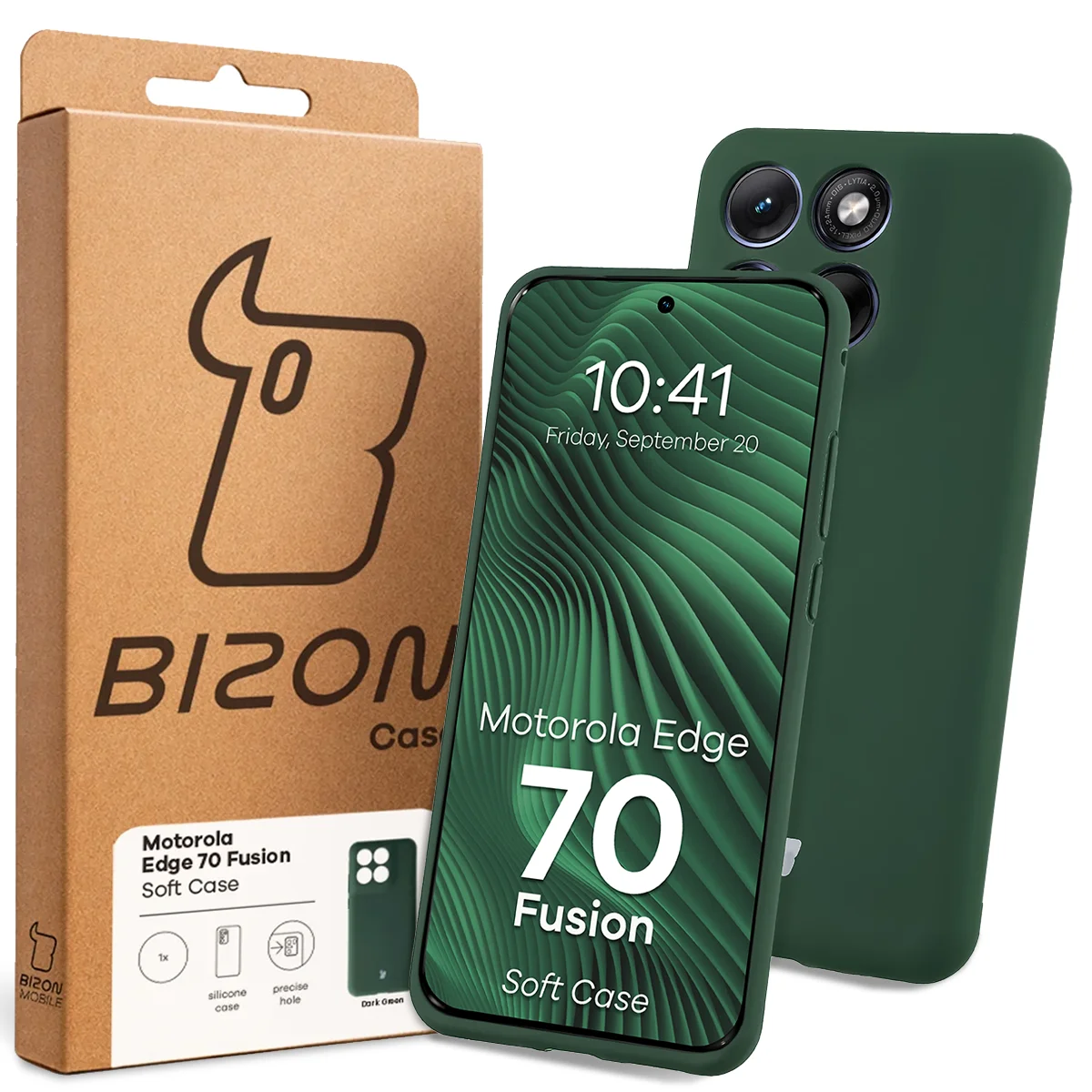 Fața cutiei Bizon Case cu eticheta dedicată pentru Motorola Edge 70 Fusion