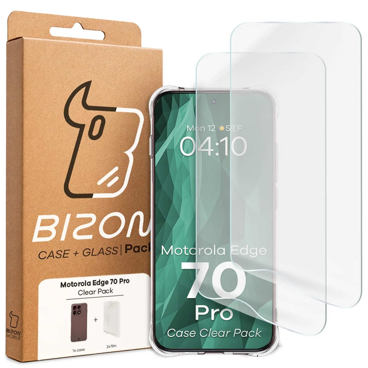 Front of the Bizon Case+Glass box with a dedicated label for Motorola Edge 70 Pro