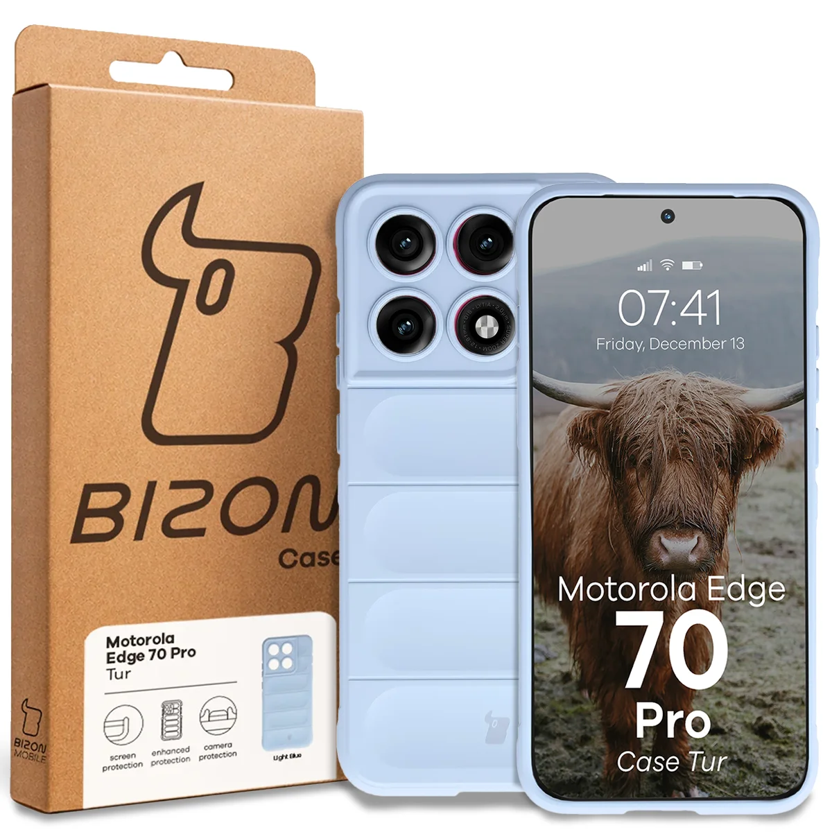 Front of the Bizon Case box with a dedicated label for Motorola Edge 70 Pro