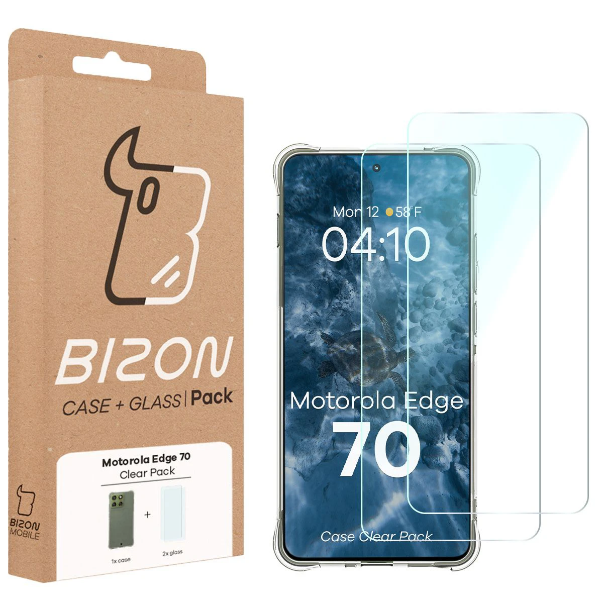 Front of the Bison Case+Glass box with a dedicated label for Motorola Edge 70