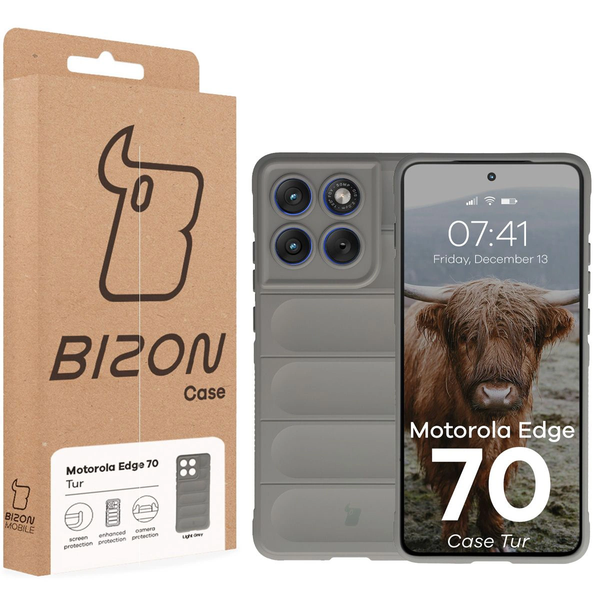 Front of the Bison Case box with a dedicated label for Motorola Edge 70