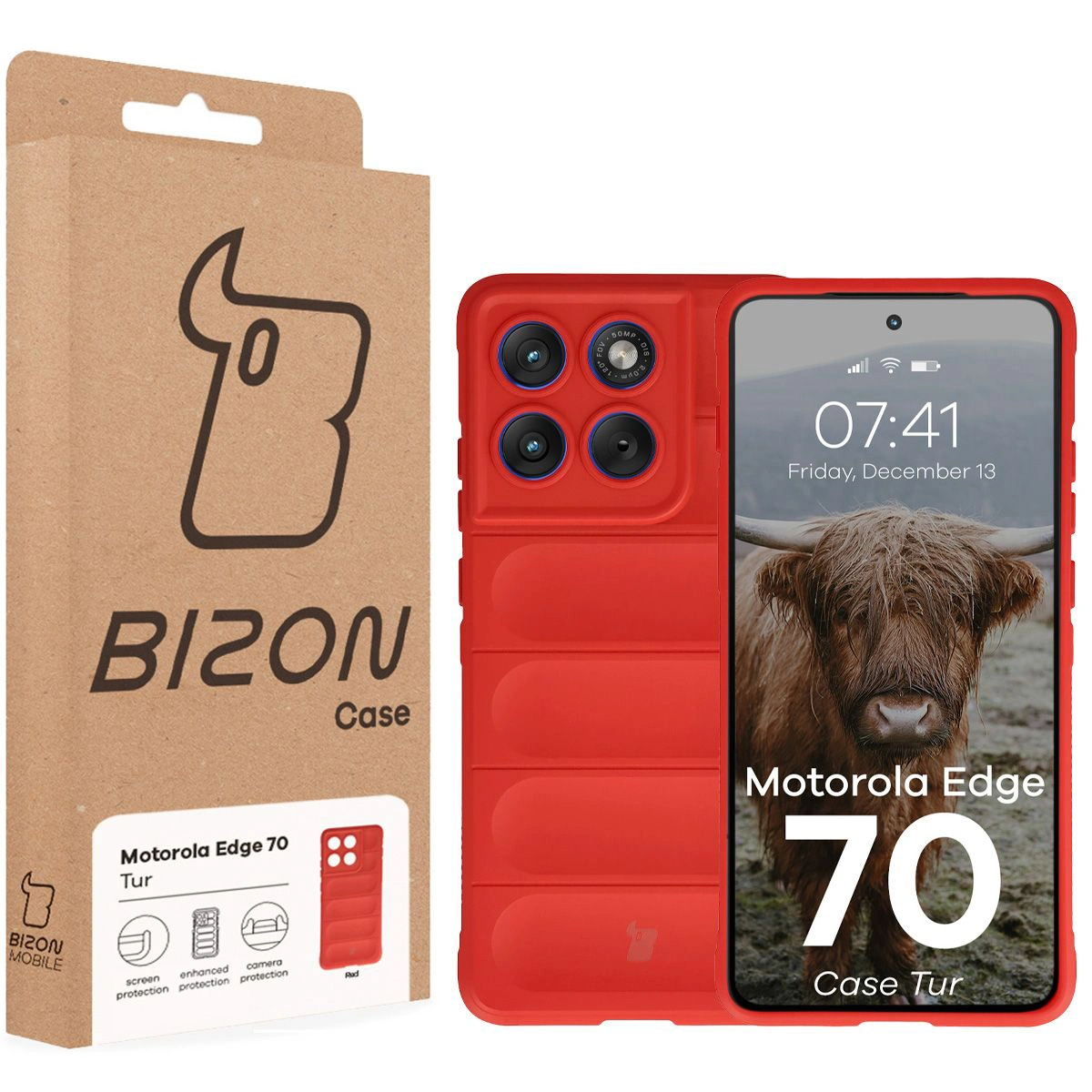 Front of the Bison Case box with a dedicated label for Motorola Edge 70