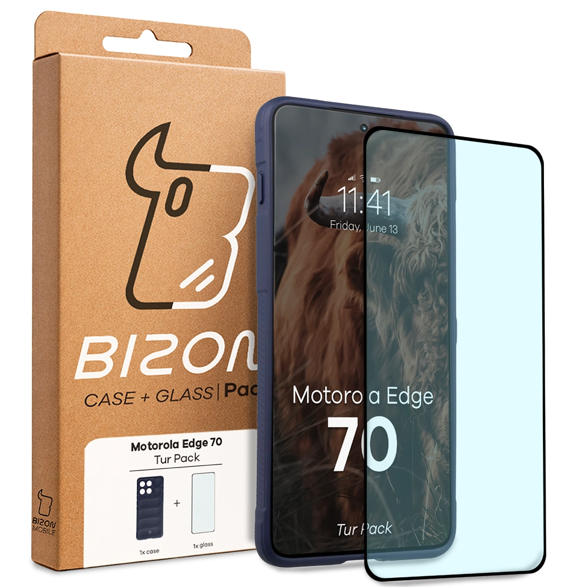 Front of the Bison Tur Pack box with a dedicated label for Motorola Edge 70