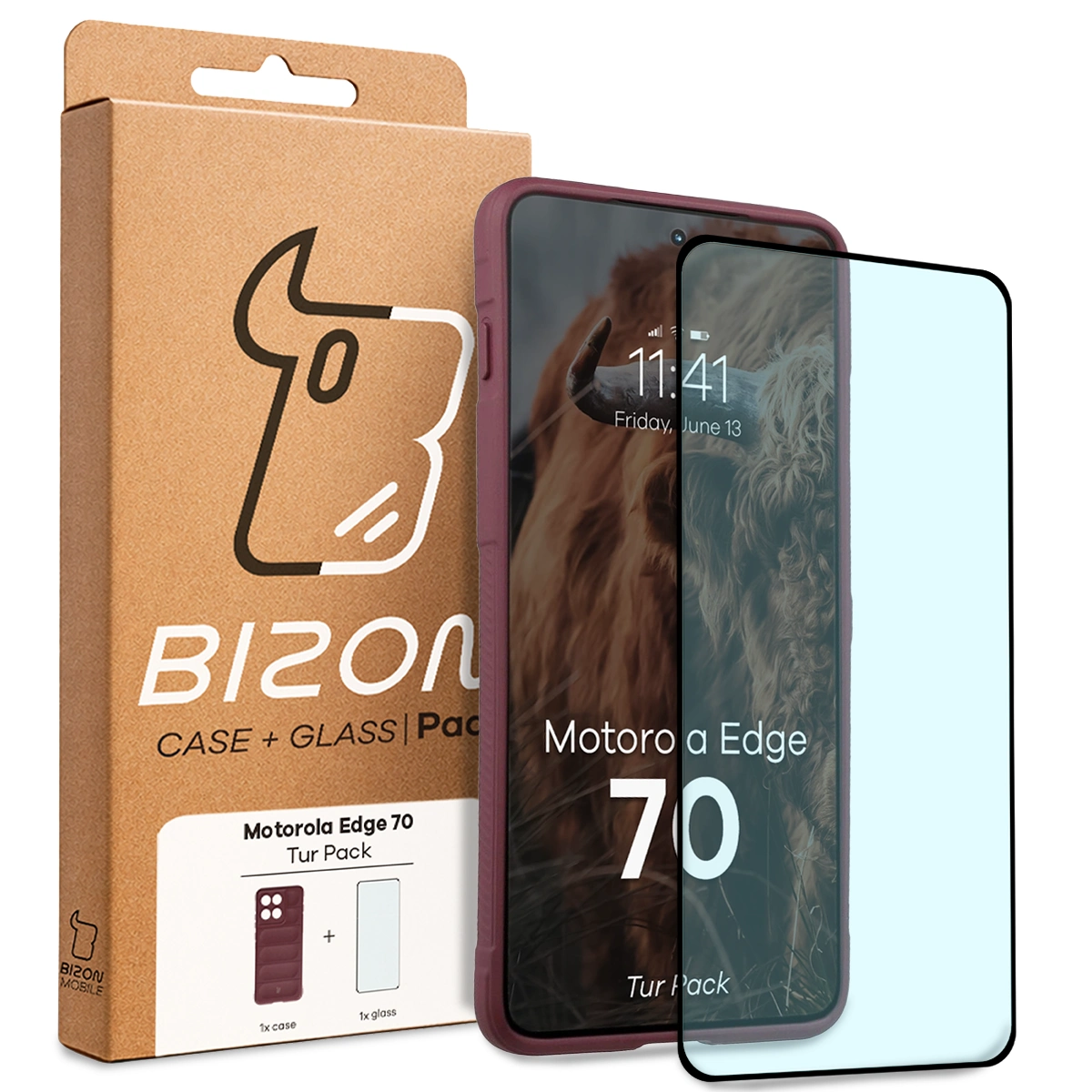 Front of the Bison Tur Pack box with a dedicated label for Motorola Edge 70