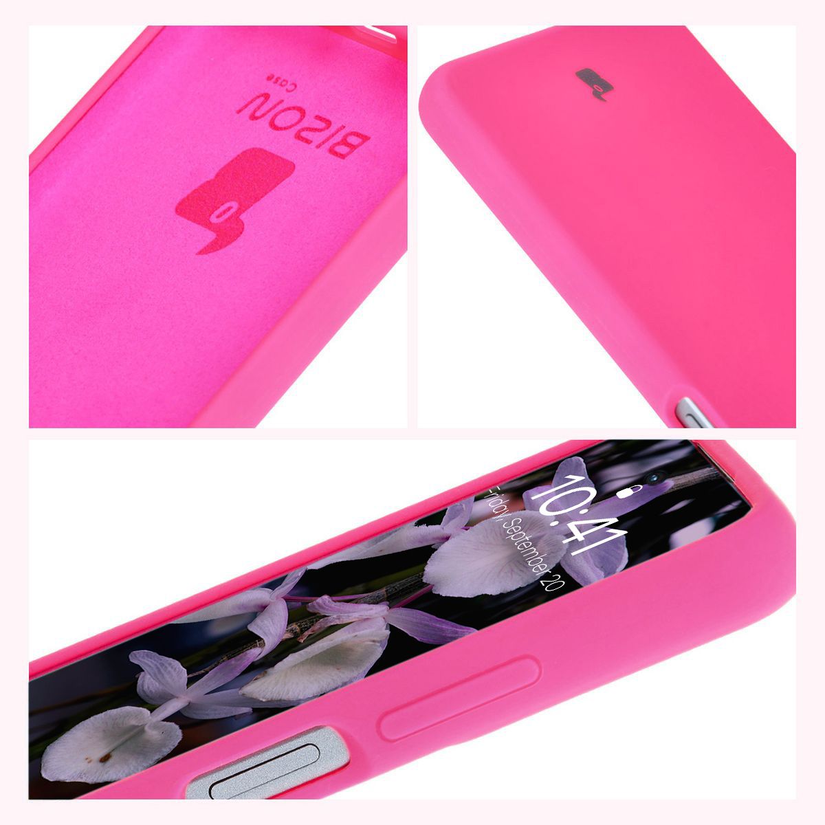 Konstruktion des Etuis Bizon Soft Case: integrierte Abdeckungen, erhöhte Kanten und Mikrofaserpolsterung