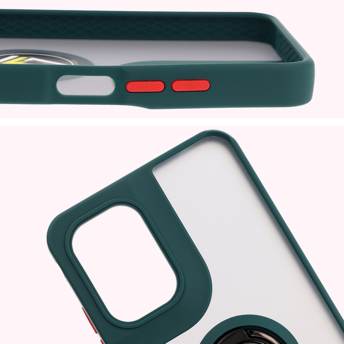 Zbliżenie na podwyższone krawędzie przy wyświetlaczu i wyspie aparatu w etui Bizon Hybrid Ring