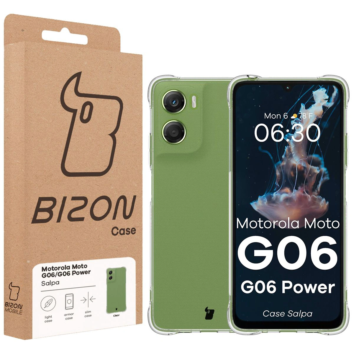 Front of the Bison Case box with a dedicated label for Motorola Moto G06 4G / Motorola Moto G06 Power 4G