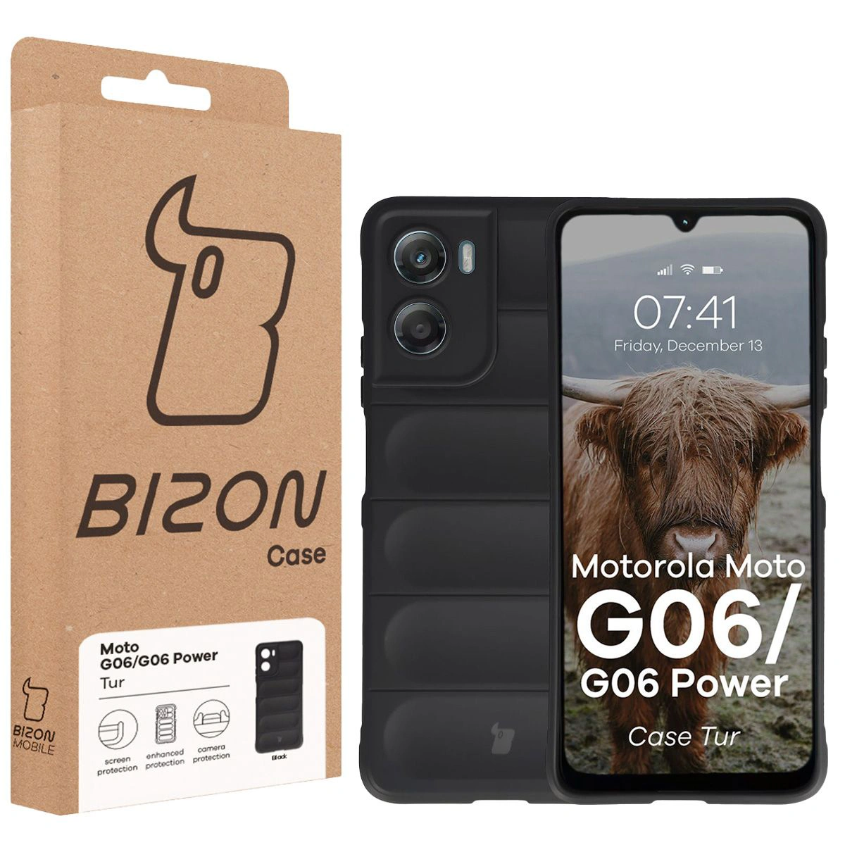 Front of the Bison Case box with a dedicated label for Motorola Moto G06 4G / Motorola Moto G06 Power 4G