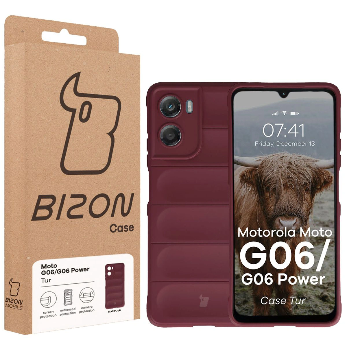 Front of the Bison Case box with a dedicated label for Motorola Moto G06 4G / Motorola Moto G06 Power 4G