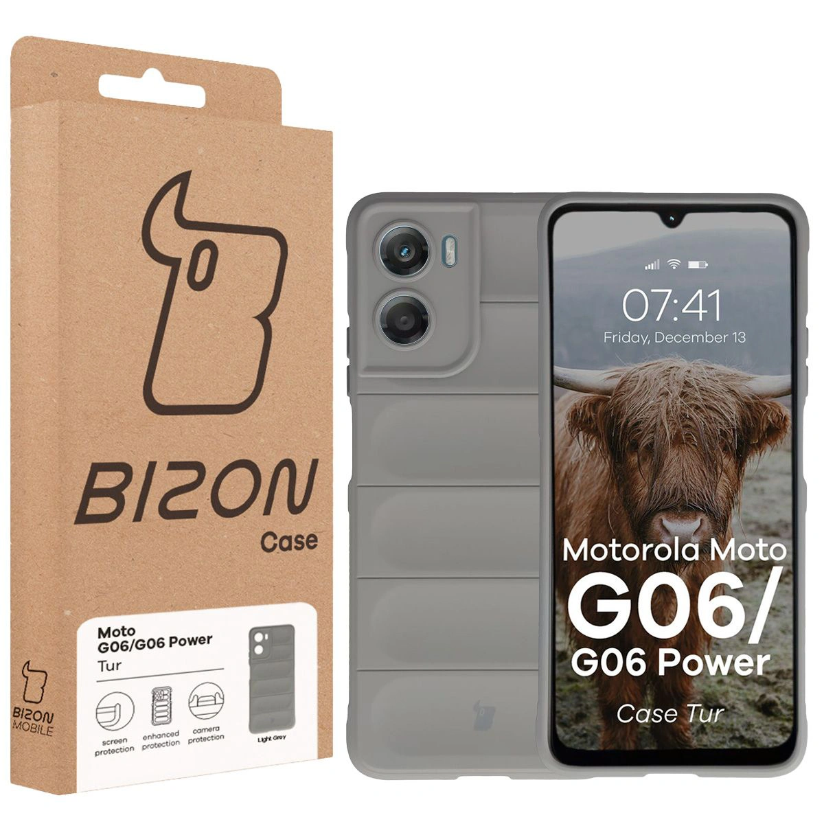 Front of the Bison Case box with a dedicated label for Motorola Moto G06 4G / Motorola Moto G06 Power 4G