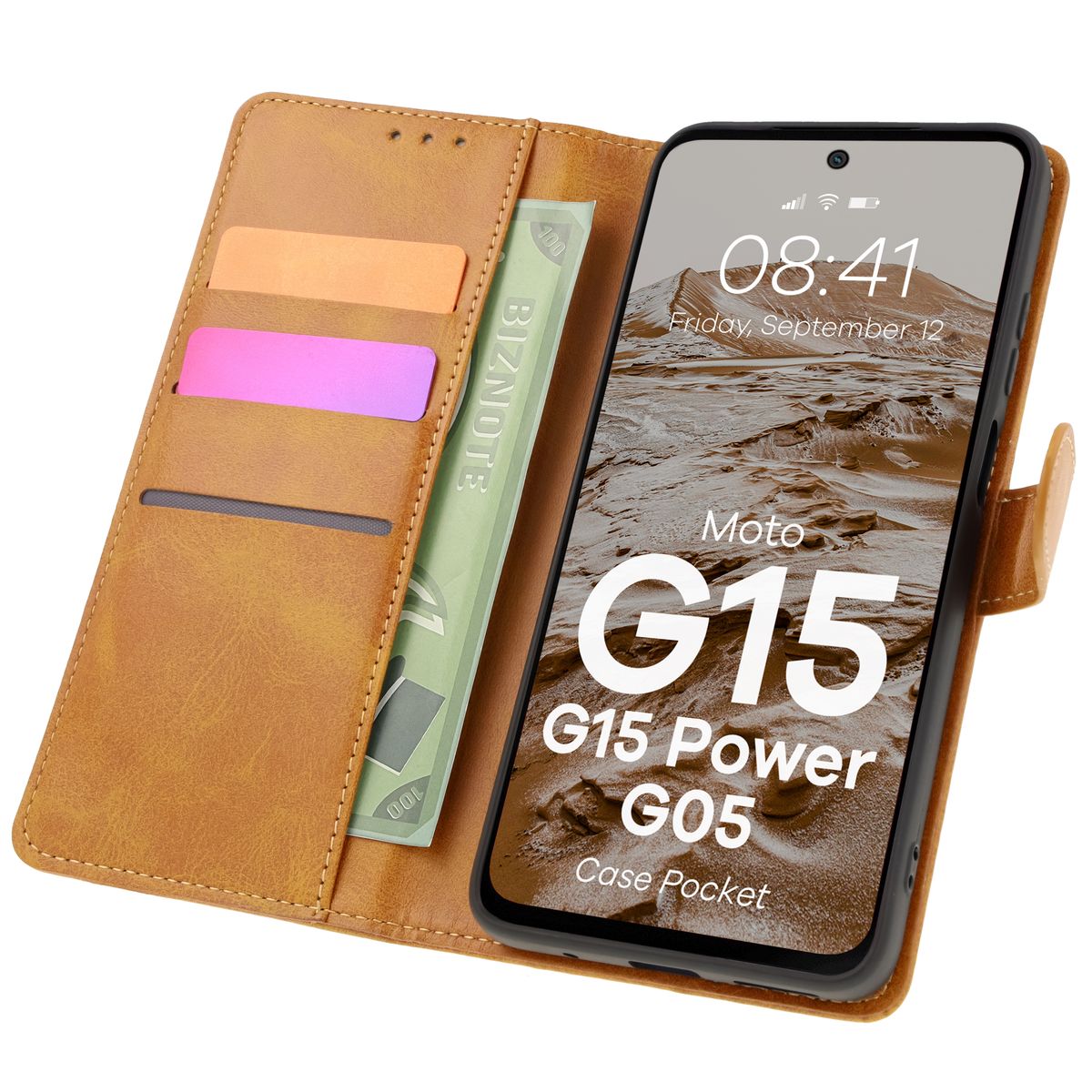 Etui cu clapă Bizon Case Pocket pentru Motorola Moto G15 / Motorola Moto G15 Power / Motorola Moto G05