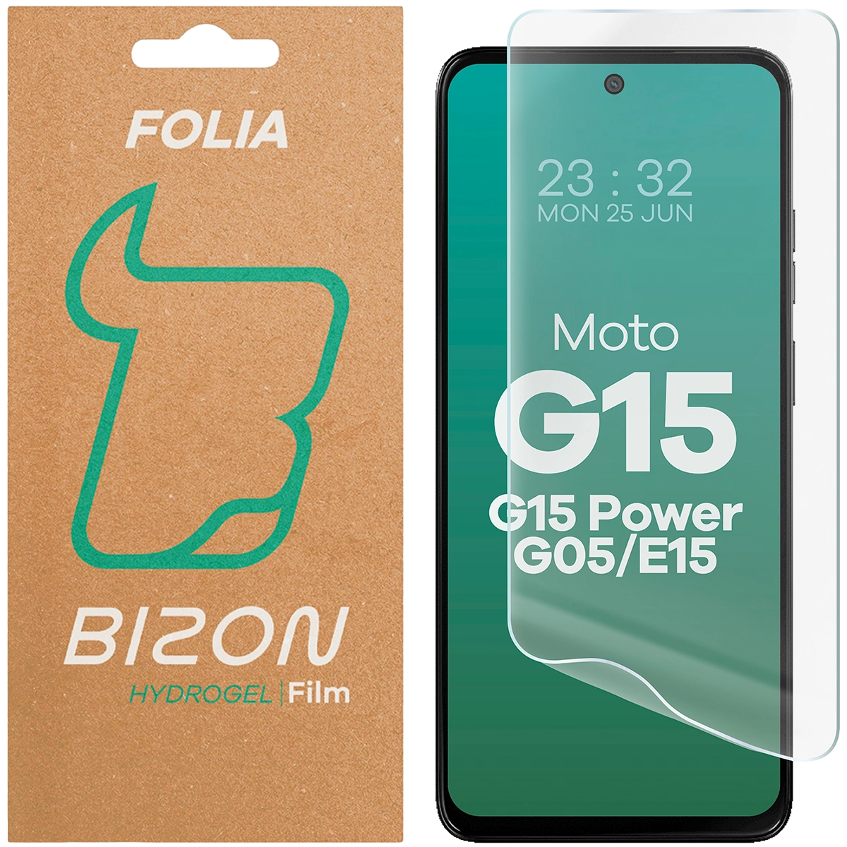 Box and hydrogel film for the Bizon Glass Hydrogel Front for Motorola Moto G15 / Motorola Moto G15 Power / Motorola Moto G05 / Motorola Moto E15