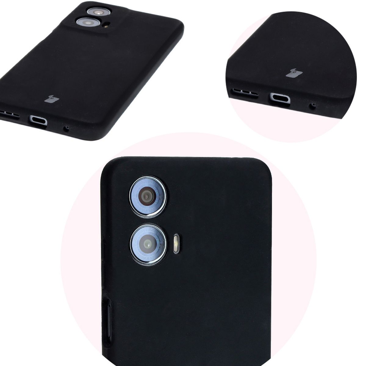 Prim-plan al decupajelor precise și posibilitatea de încărcare wireless în husa Bizon Soft Case
