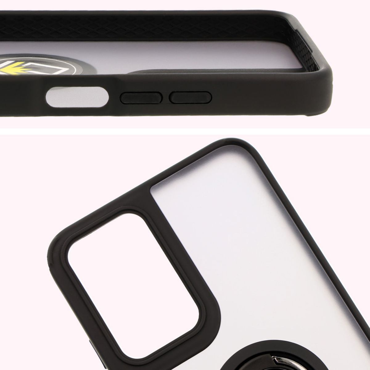 Nahaufnahme der erhöhten Ränder am Display und der Kamerainsel in der Bizon Hybrid Ring Hülle