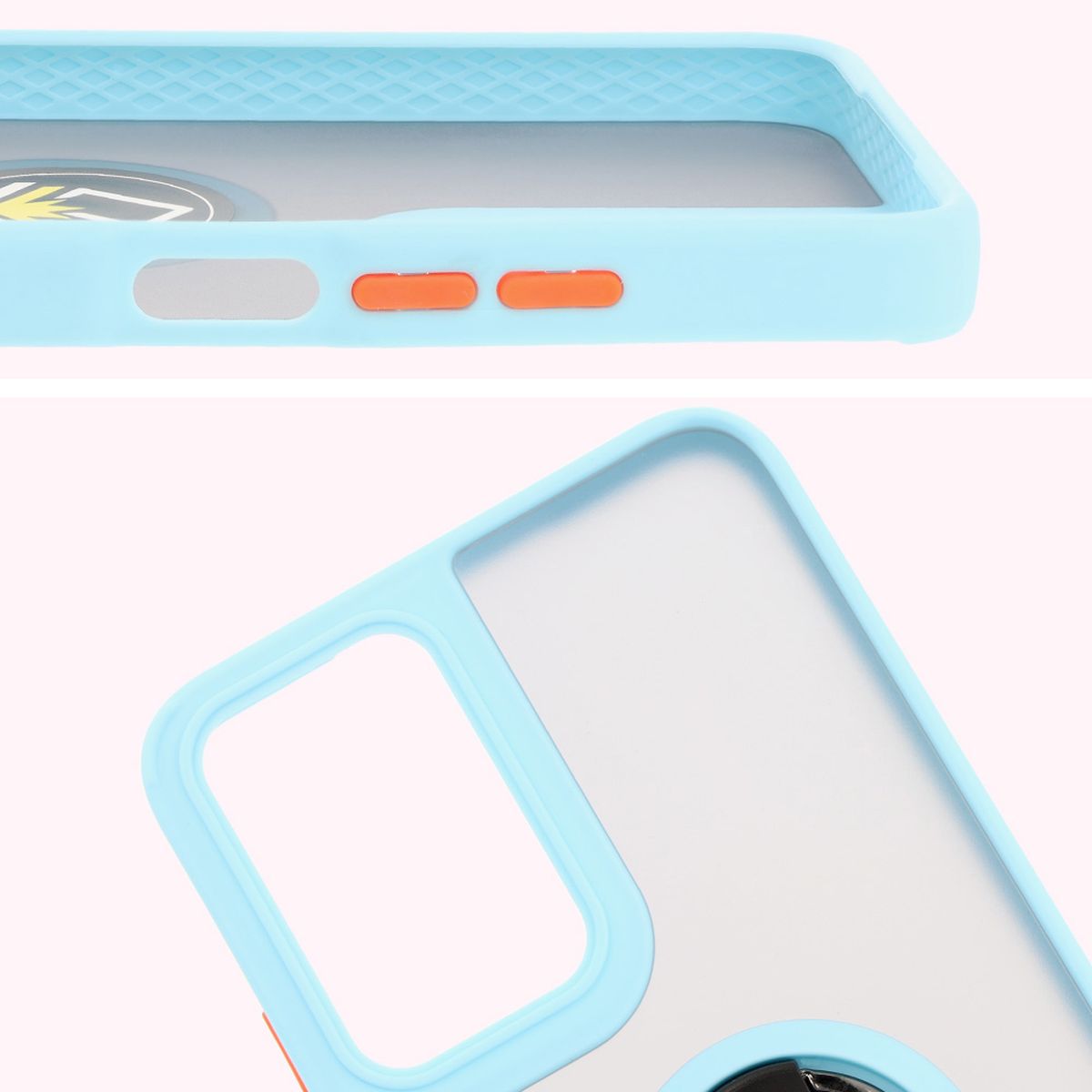 Nahaufnahme der erhöhten Ränder am Display und der Kamerainsel im Etui Bizon Hybrid Ring