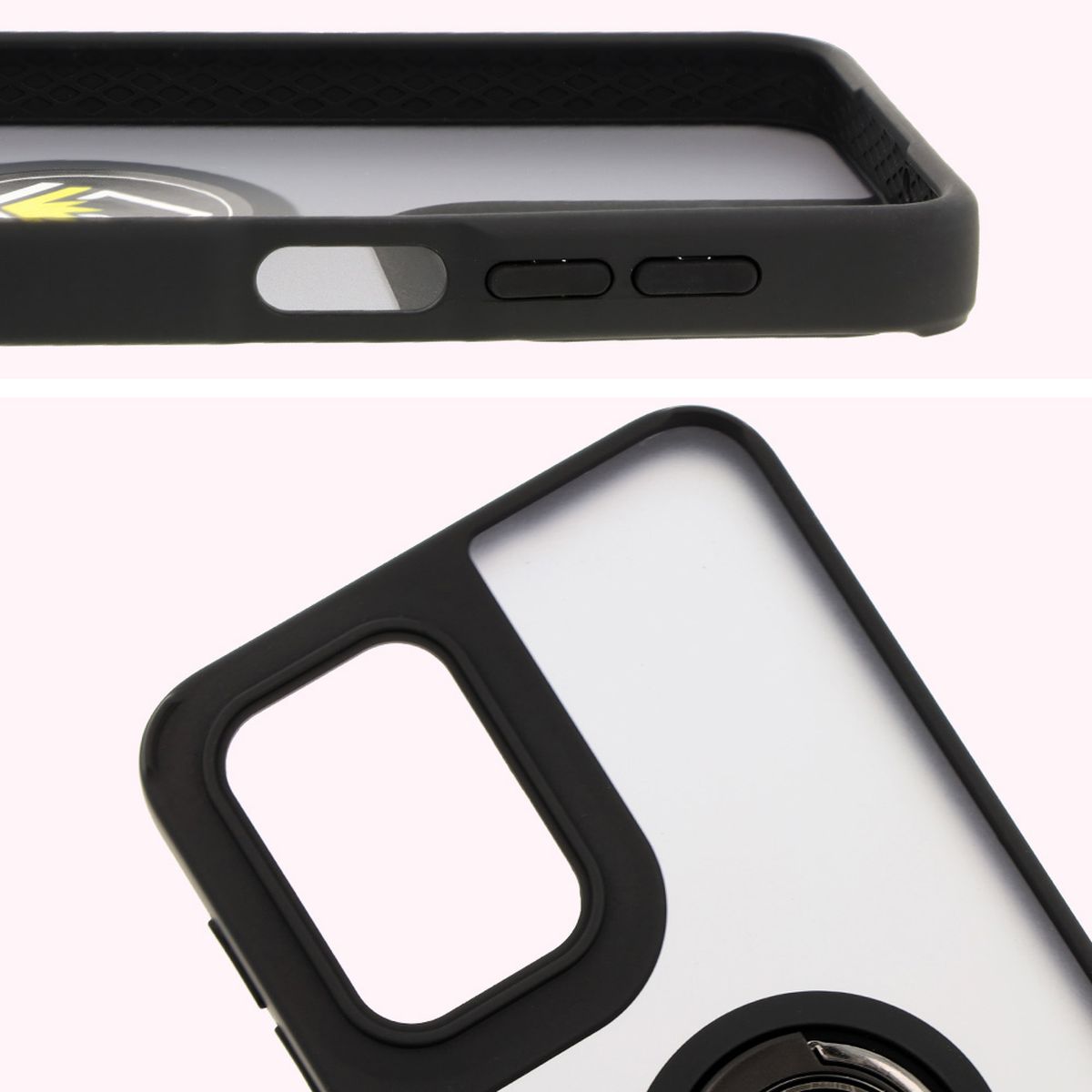 Close-up of raised edges near the display and camera island in the Bizon Hybrid Ring case