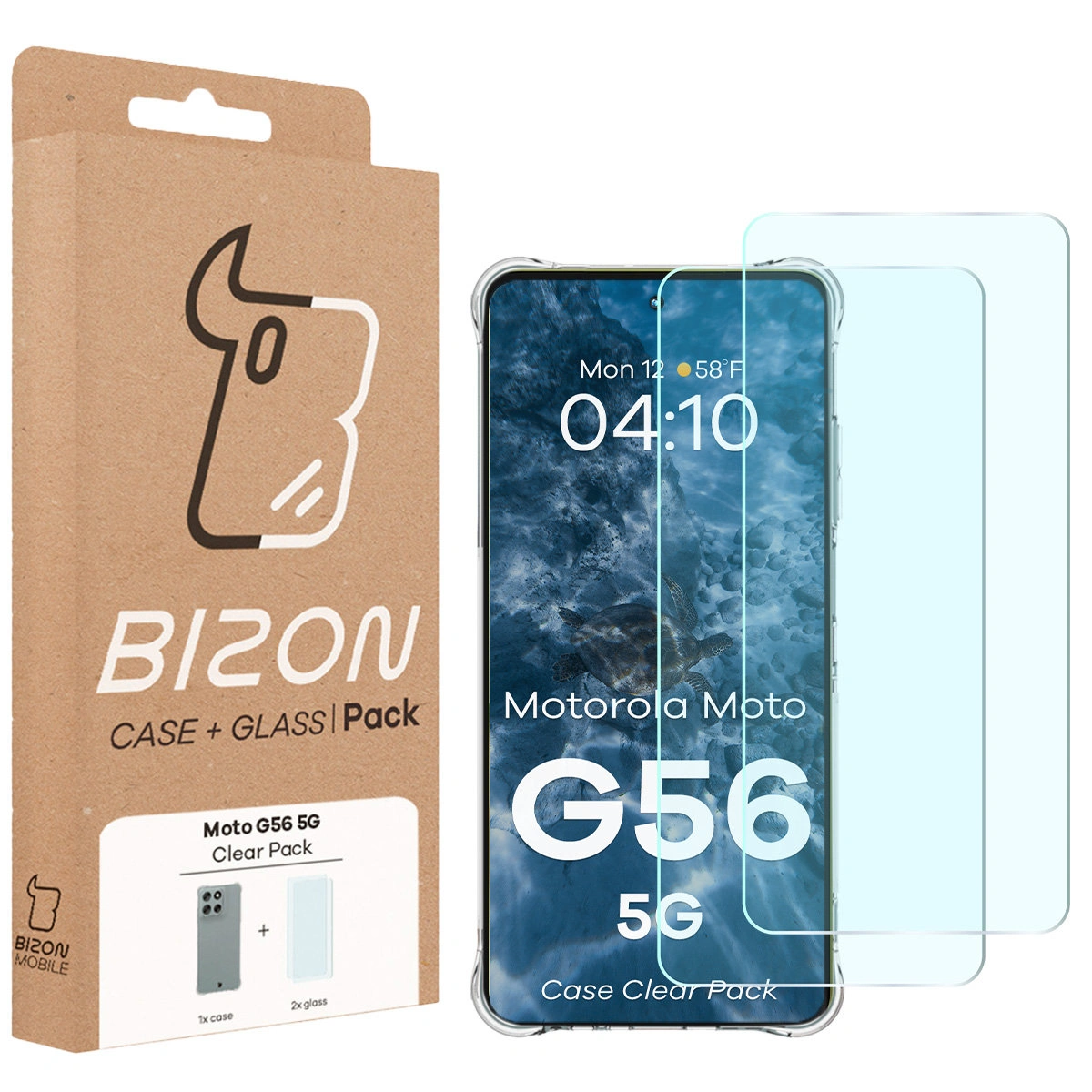 Przód pudełka Bizon Case+Glass z dedykowaną etykietą do Motorola Moto G56 5G