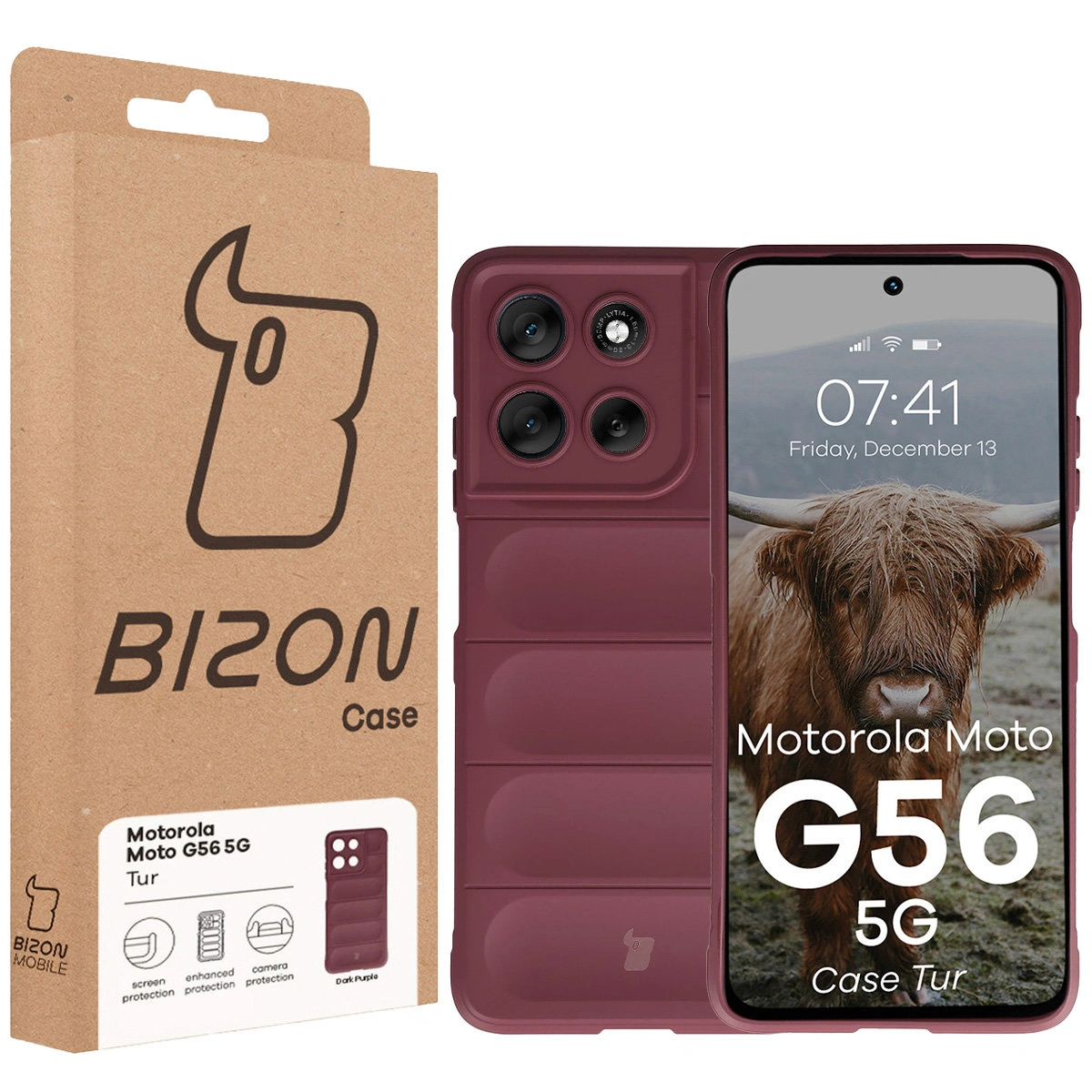 Przód pudełka Bizon Case z dedykowaną etykietą do Motorola Moto G56 5G