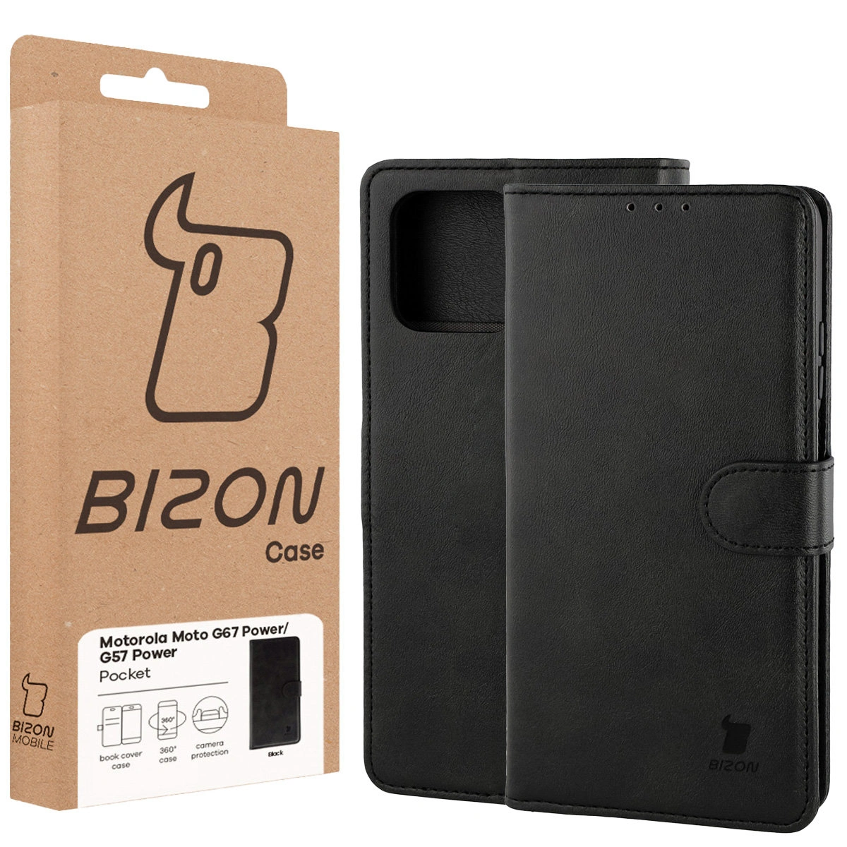 Vorderseite der Bizon Case Box mit spezieller Etikett für Motorola Moto G57 Power / Motorola Moto G67 Power