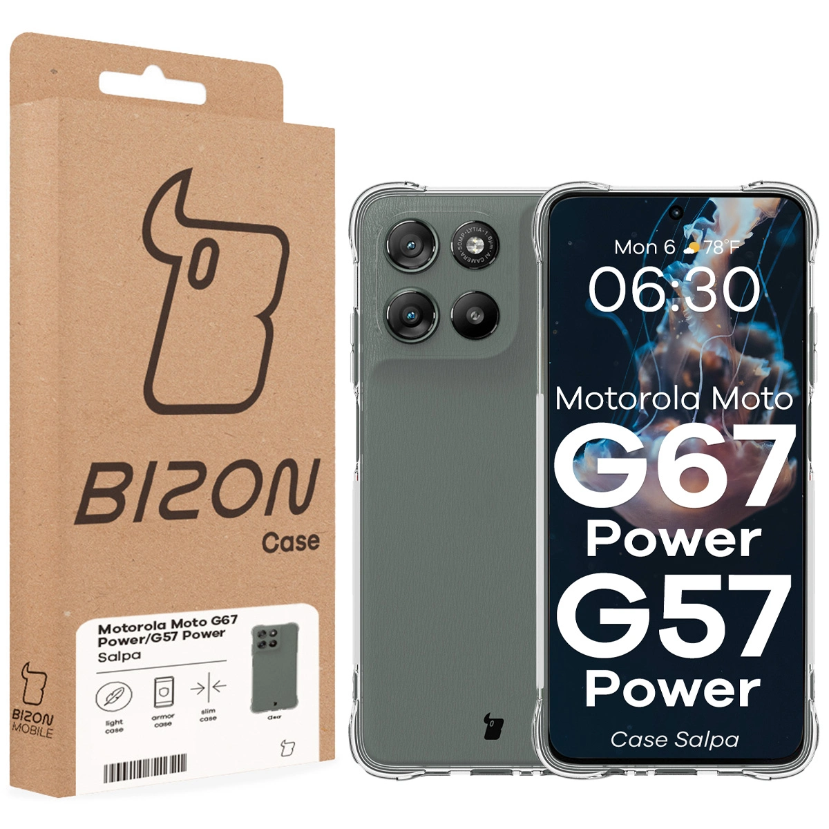 Front of the Bison Case box with a dedicated label for Motorola Moto G57 Power / Motorola Moto G67 Power