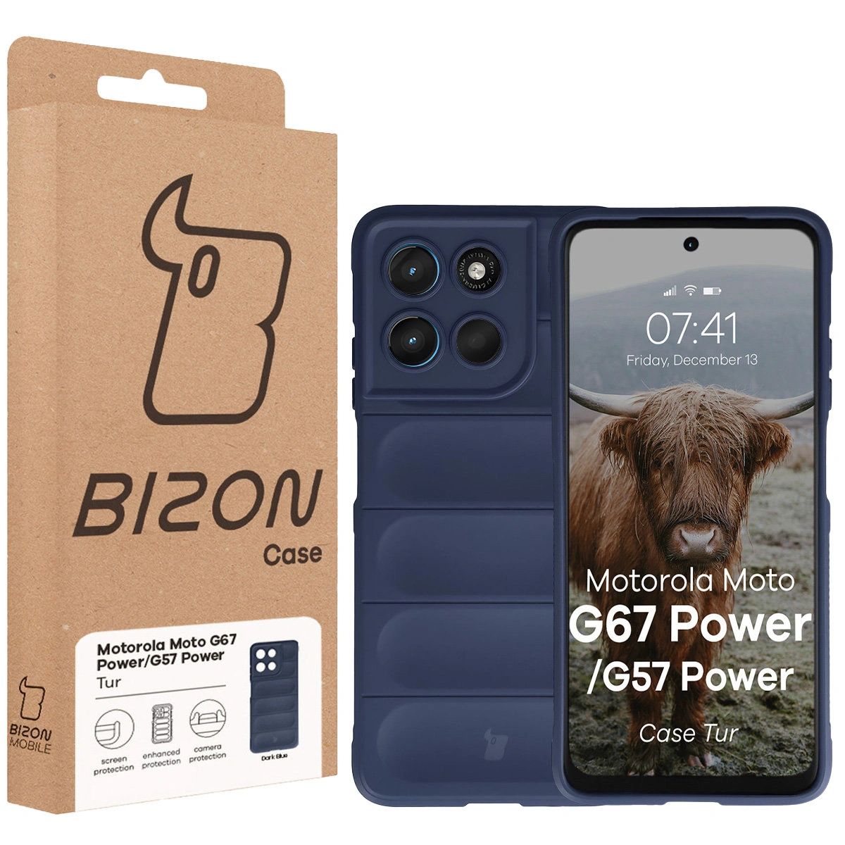 Front of the Bison Case box with a dedicated label for Motorola Moto G57 Power / Motorola Moto G67 Power